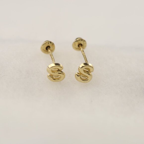 14K Solid Gold Initial Stud Earrings • Perfect Gift For Girls & Teens. - Picture 12 of 13